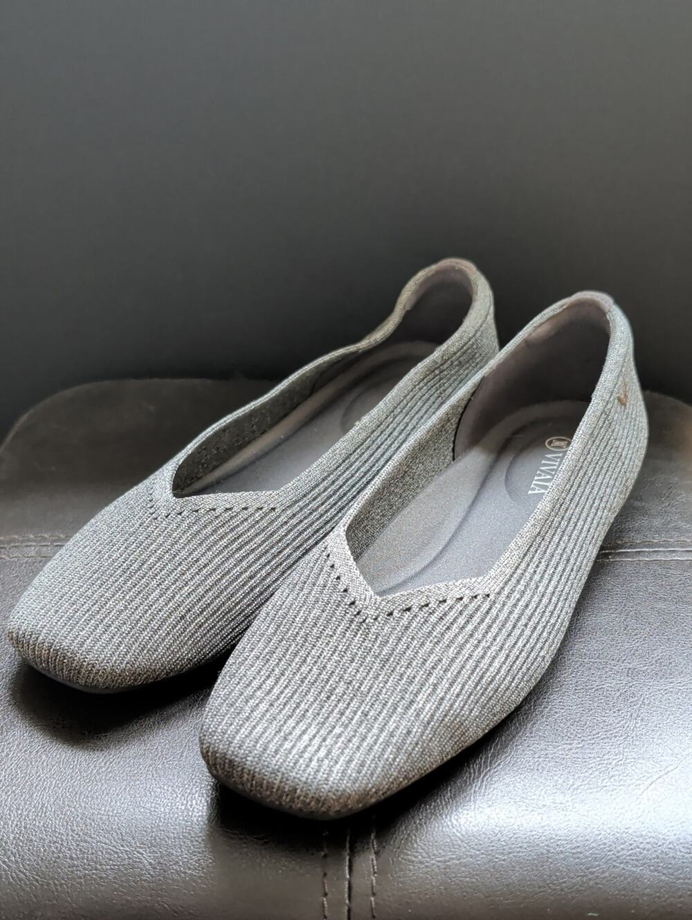Vivaia Square Toe Margot V Cut Comfort Slip On Business Casual Gray Knit Flats
